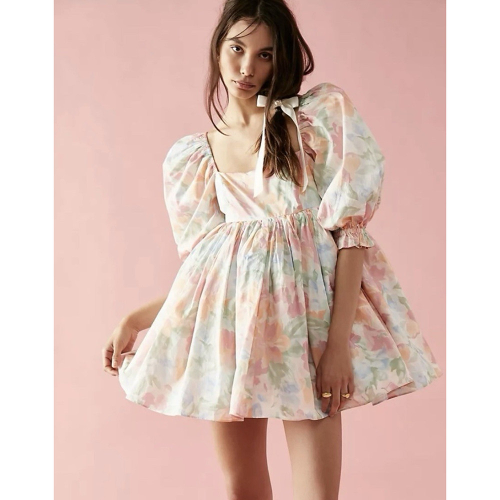 Selkie Cottage Puff Mini Dress XS Grapefruit Floral Fairy Coquette Romantic